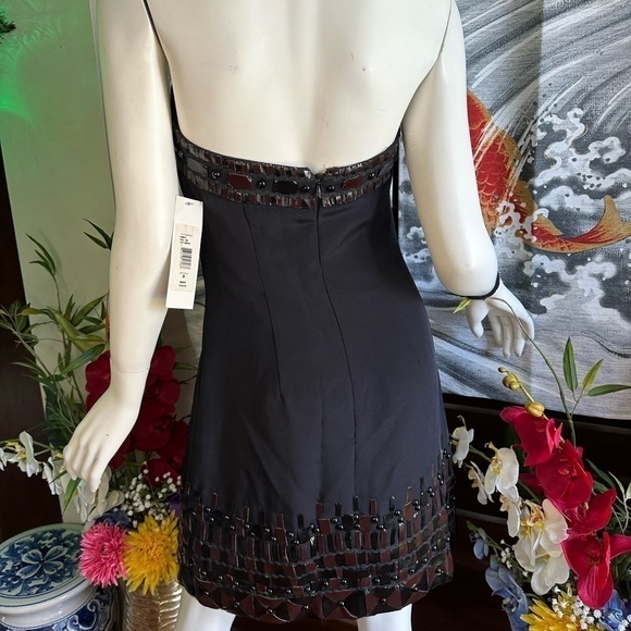 Authentic BADGLEY MISCHKA NWT BLACK LEATHER TRIM COCKTAIL SHEATH DRESS SIZE 0 - Picture 6 of 11